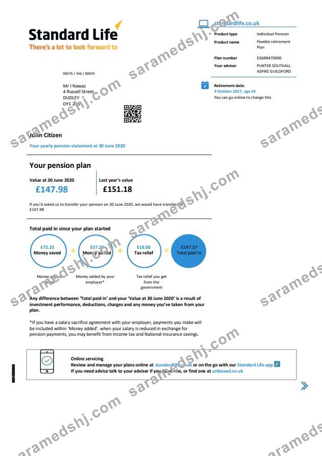 United Kingdom Standard Life proof of address pension statement in Word and PDF (.doc and .pdf) format